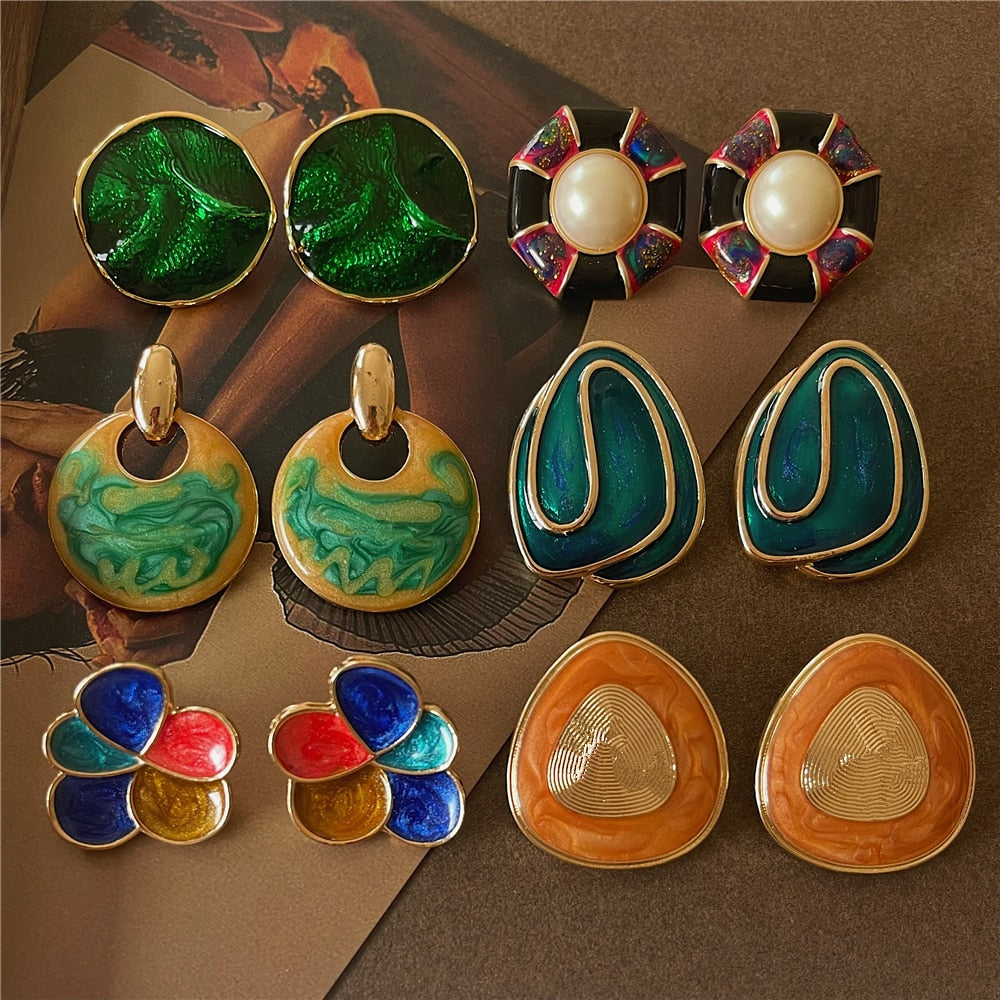 S925 Vintage Enamel Imitation Pearl Geometric Flower Irregular Drop Glaze Stud Earrings for Women Girls Party Travel Jewerly