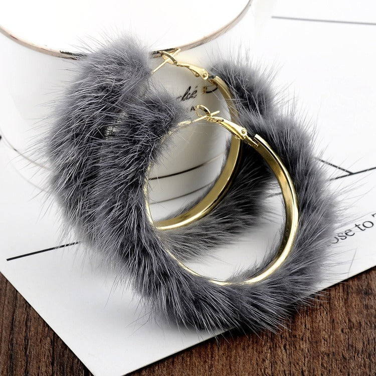 Autumn And Winter Mink Hair Big Circle Ear Ring Earrings Exaggerated Atmosphere Hair Geometric Earrings