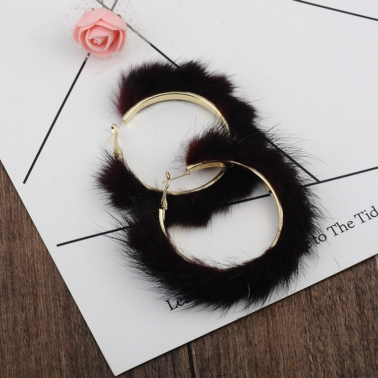 Autumn And Winter Mink Hair Big Circle Ear Ring Earrings Exaggerated Atmosphere Hair Geometric Earrings