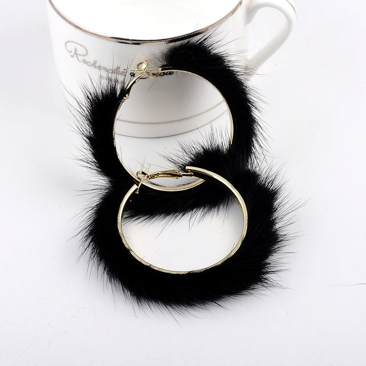 Autumn And Winter Mink Hair Big Circle Ear Ring Earrings Exaggerated Atmosphere Hair Geometric Earrings