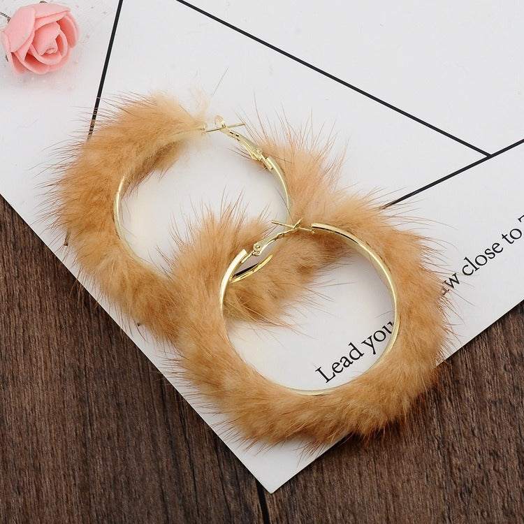 Autumn And Winter Mink Hair Big Circle Ear Ring Earrings Exaggerated Atmosphere Hair Geometric Earrings
